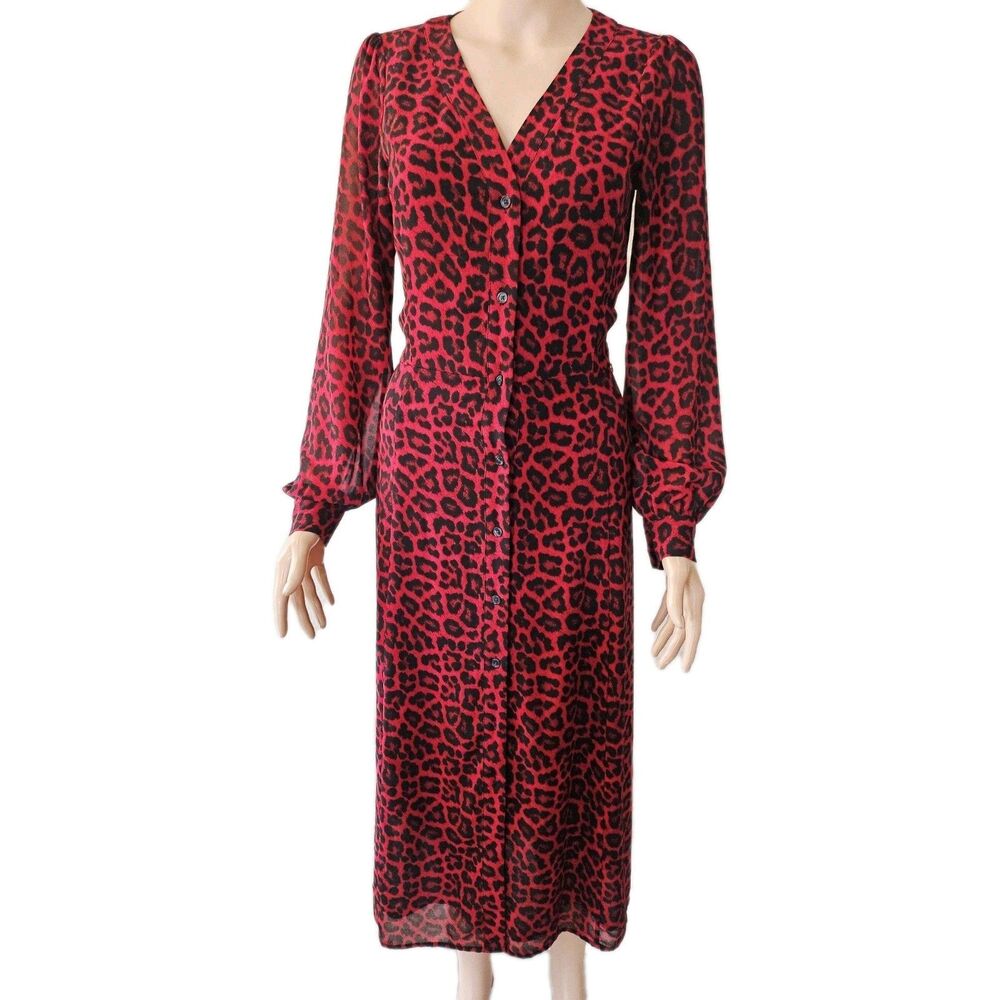 Michael Kors Women's Red Leopard Print Long Sleeve Midi Dress Size XS